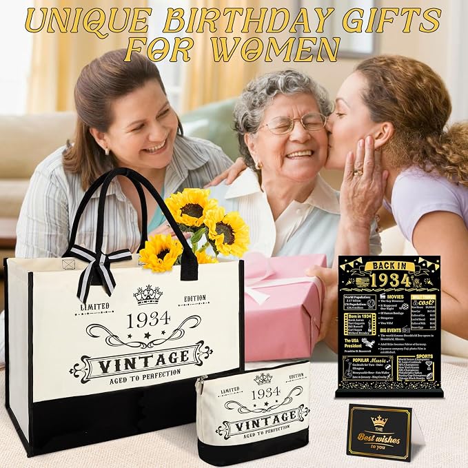 YeohJoy 92nd Birthday Gift for Her Canvas Tote Bag Travel Gear, Unique 92 Years Old Birthday Gifts for Wife Women Sister Grandma Friends Her, Vintage 1934 Handbag & Makeup Bag & 92nd Greeting Card