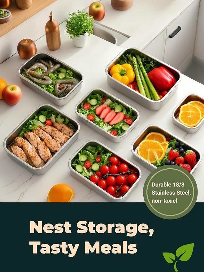 Stainless Steel Food Storage Containers with Leak-Proof Latching Lid, Reusable Bento Lunch Box for Snacks & Meal Prep, Oven/Dishwasher/Freezer Safe, Silver, 22oz