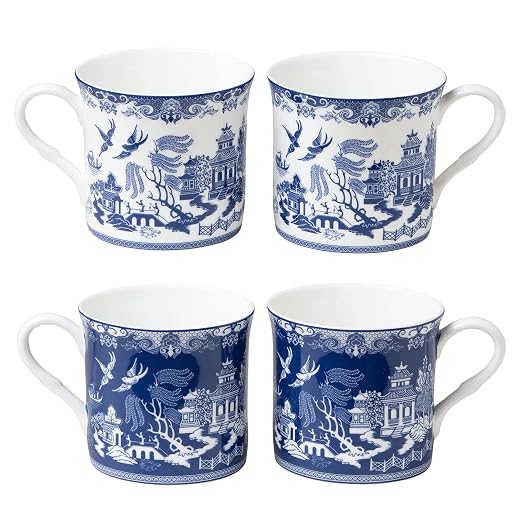 Blue Willow Bone China Coffee Tea Mugs 10-Ounce (2 Assorted Patterns, Set of 4) (S17301I/C-BLU-6)