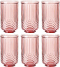 JOVGANK Pink Vintage Glassware Set of 6-17Oz Pink Water Drinking Glass, Art Deco Ripple Highball Glass, Whiskey Cocktail Glasses, for Bar Ice Coffee Juice, Housewarming Gifts and Mother's Day Gift
