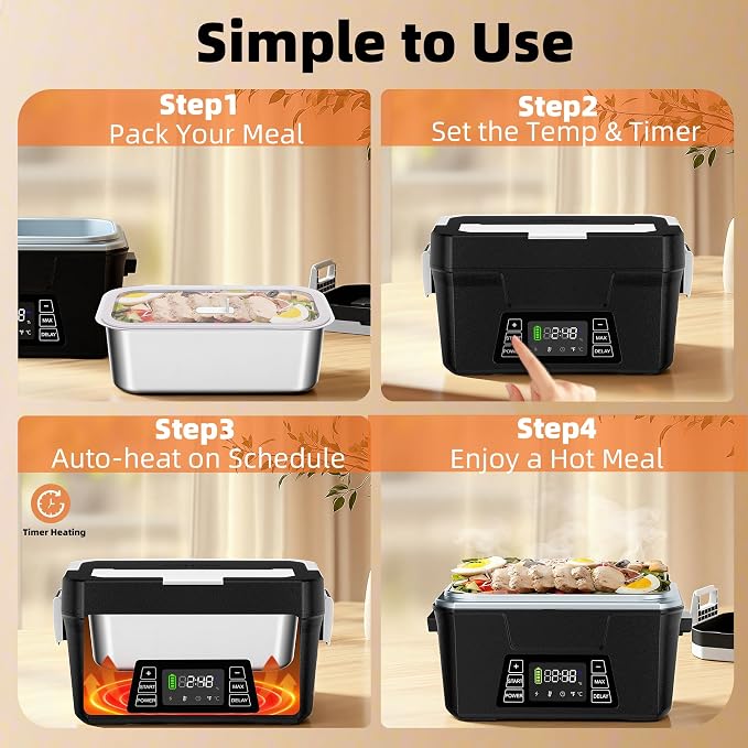 Vabaso Cordless Electric Lunch Box for Adults, App Control Heated Lunch Box with Detachable Battery, 1.2L Self Heating Lunch Box with Timer, Memory & Auto Keep Warm for Work Travel Outdoor