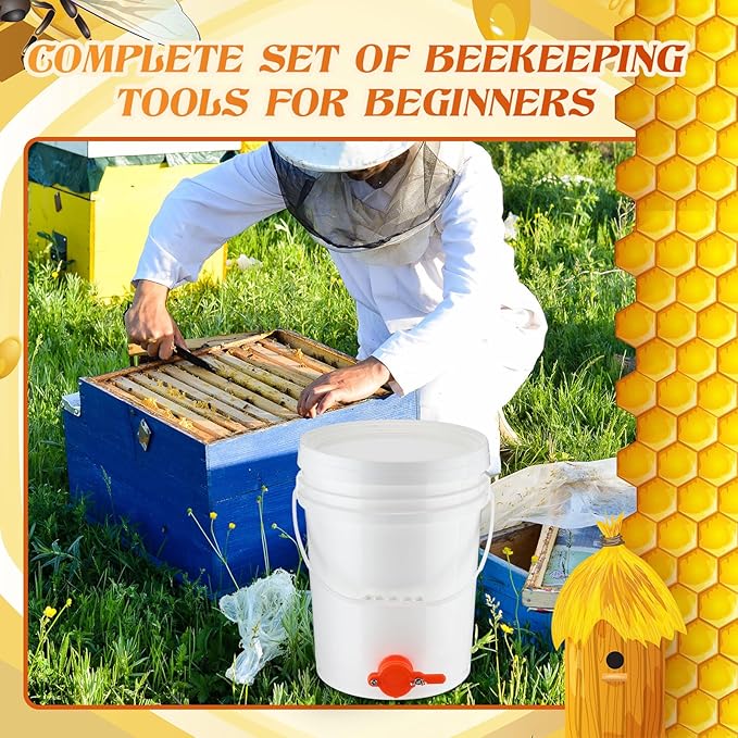 7 Pcs Honey Harvesting Kit, 5 Gallon Honey Bucket with Gate, Double Sieve Stainless Steel Strainer, Supports, Uncapping Fork, Scraper Knife, Filter Bag for Honey Extractor Beekeeping Supply