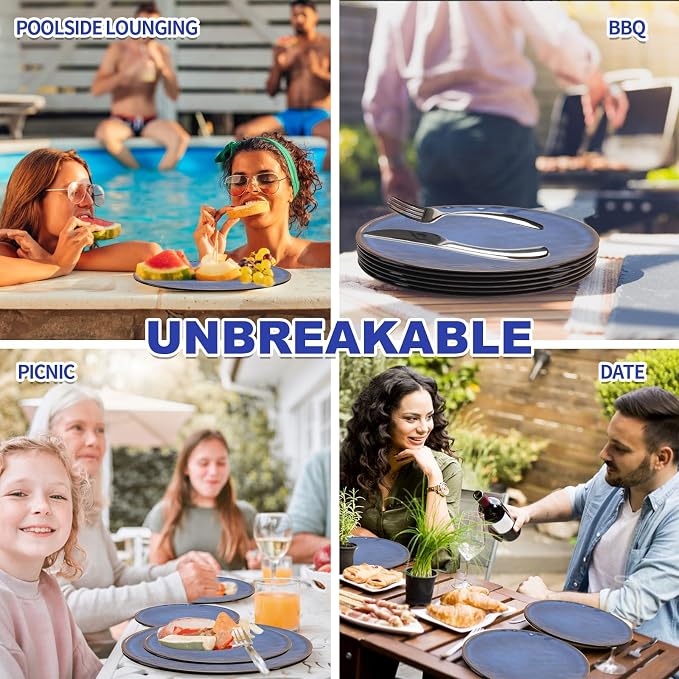 Rustic Farmhouse 12 Piece Melamine Dinnerware Sets - Service for 4, Lightweight with 11" Platesx4,9"Salad Pates x4 and 8"Bowlsx4, for Indoor and Outdoor Use, Unbreakable Kitchen Dinnerware, Blue