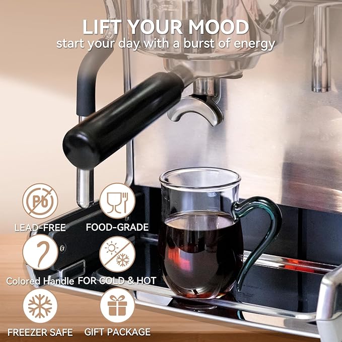 COMI Glass Coffee Cups,8oz Clear Coffee Cups Set of 6,Lightweight Glass Mugs with Colorful Handles,Heat Resistant & Explosion-Proof, Perfect for Home, Cafe, Office