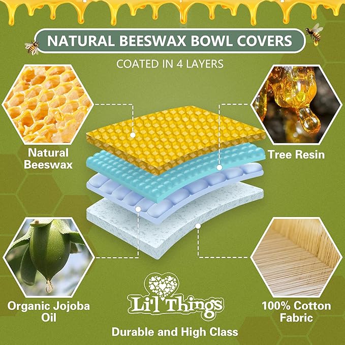 Beeswax Bowl Covers Set of 5 (XS–XL) – Reusable Elastic Food Covers for Bowls – Organic Cotton with Beeswax, Washable & Plastic-Free | Li’l Things – Seashell Serenade