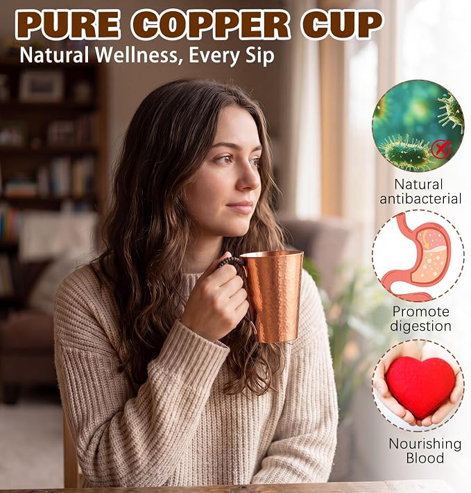 Willinglong 2 Pcs 100% Pure Copper Cup Tumblers 18.5 oz with Handle Handcrafted Hammered Copper Cups, Ayurvedic Health Benefits Drinking Vessel for Family Health Water, Cocktails, Iced Tea Glasses