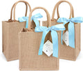 6 Pack Burlap Tote Bags with Handles Reusable Small Jute Gift Bags with Blue Silk Ribbons Waterproof Lining for Wedding Bridesmaid Mother's Day Bachelorette Beach Party