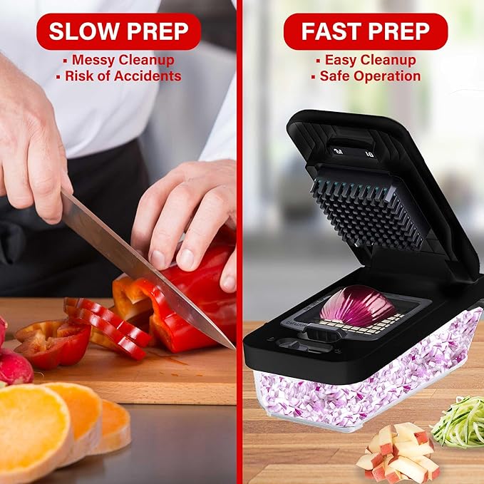 Brentwood All-in-One Food & Vegetable Chopper, Mandoline Slicer, and Cheese Grater with 4.25-Cup Storage Container and 8 Interchangeable Stainless Steel Blades (Black)