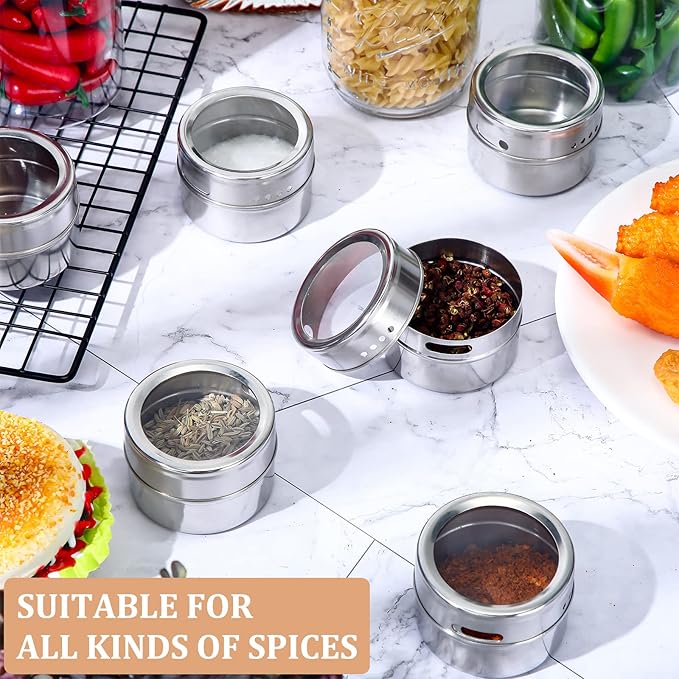 Chengu 36 Pack Magnetic Spice Jars for Refrigerator 3 oz Magnetic Spice Containers Stainless Steel Seasoning Tins with Clear Lid, with 72 Pcs Labels Marker and 2 Pens for Grill Kitchen Fridge Rack