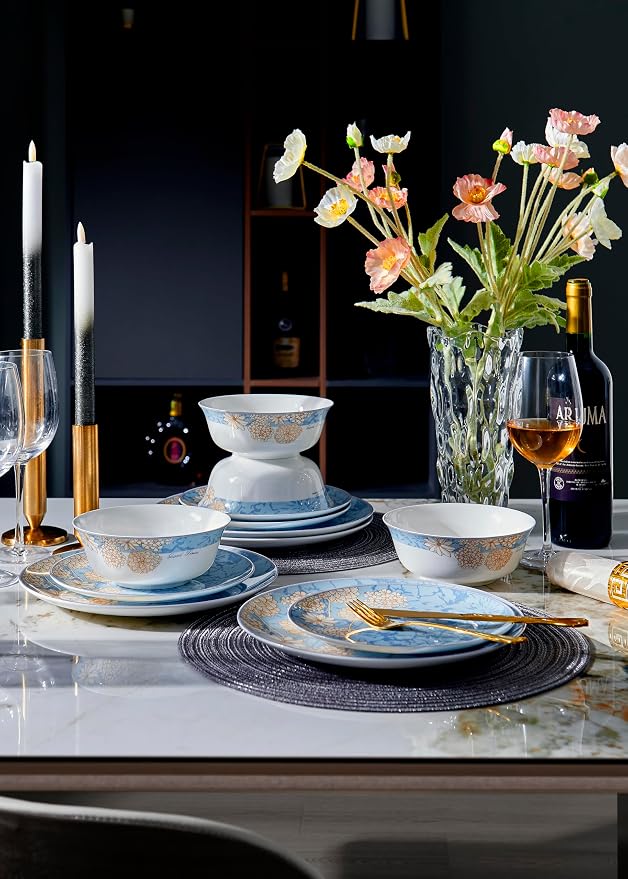 FHGNYSM High Bone China Dinnerware Set, 12-Piece Artistic Blue Plates and Bowls, Lightweight & Chip Resistant Ceramic Service for 4, Dishwasher Safe Elegant Kitchen Dining