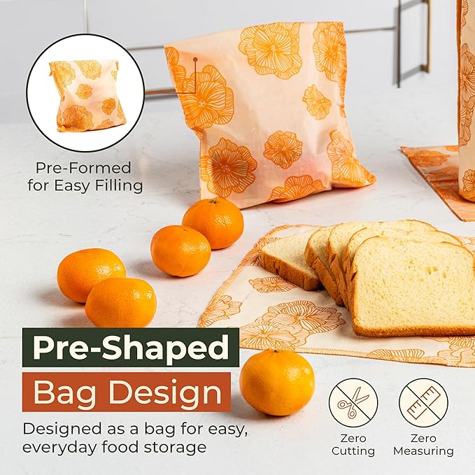 Reusable Beeswax Food Storage Bags – 8 Pack (2 Large, 2 Medium, 4 Small) | Natural Alternative to Plastic | Organic Cotton, Beeswax, Jojoba Oil