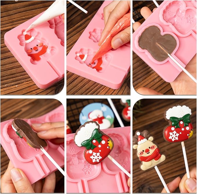 KALAIEN 4 Pack Christmas Lollipop Molds Set, Christmas Silicone Molds Candy Gummy Mold for Chocolate with 100pcs Lollypop Sucker Sticks