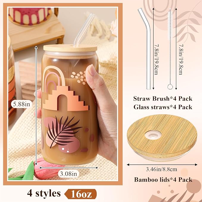 Mumufy 4 Pack Wildflower Glass Cups Gift Aesthetic Cute Glass Cup Tumbler Flower Iced Coffee Mugs 16 oz with Bamboo Lid & Straw, for Wedding Birthday Bridesmaid Mom Baby Shower