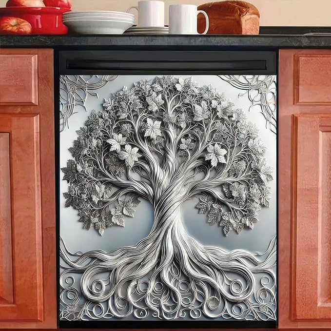 BlissYard 3D Silver Tree of Life Dishwasher Magnet Cover Skin Panel Vintage Sliver Metal Door Sticker of Life Front Door Magnet Cover for Home Appliances Dishwasher Refrigerator Cupboard 23x26 Inch