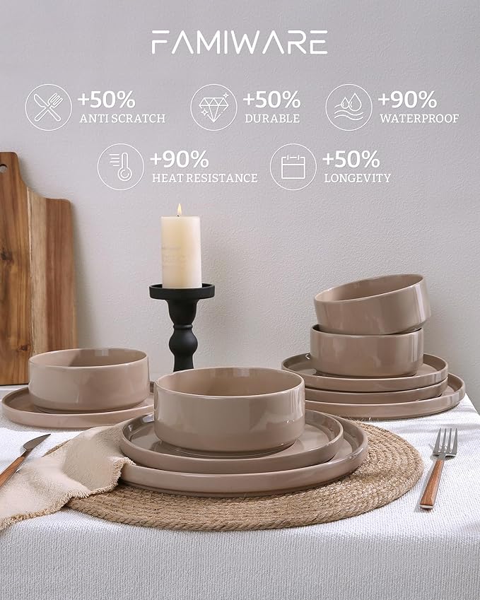Famiware Nebula Plates and Bowls Sets, Dinnerware Sets, Dishes Set for 8, 8-Set(24pcs), Cinnamon Brown