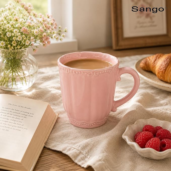 SANGO Bethany Pink Mugs Set of 4, 15 oz Stoneware Pink Coffee Mugs, Vibrant Ceramic Drinkware for Coffee, Tea or Cocoa, Durable Everyday Cups, Dishwasher & Microwave Safe, Kitchen Mug Set