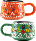 BCS 6 Oz Cappuccino Cups Set of 2, Ceramic Coffee & Tea Mugs, Colorful Handmade Cups, Dishwasher & Microwave Safe Ceramic Mugs (3 Inches, Orange - Green)