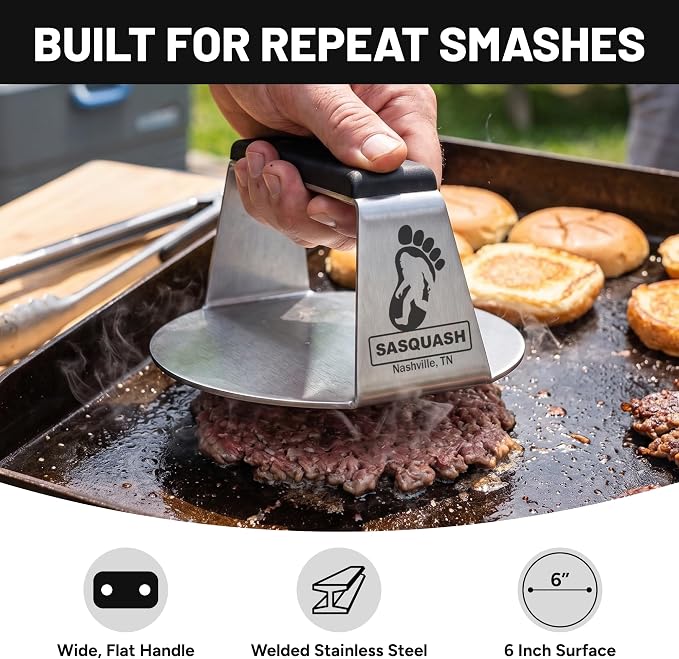 Sasquash Smash Burger Press, Heavy Duty Welded Meat Press Round, 6 Inch Stainless Steel, Flat Handle Hamburger Smasher Tool for Grill, Skillet, Cast Iron Cooking, Kitchen Accessories