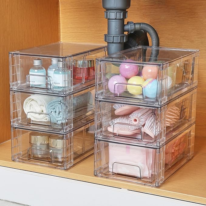 Vtopmart 2 Pack Stackable Storage Drawers,Clear Acrylic Drawer Organizers with Handles, Easily Assemble Containers for Fridge, Bathroom,Kitchen Undersink,Cabinet,Pantry Organization and Storage