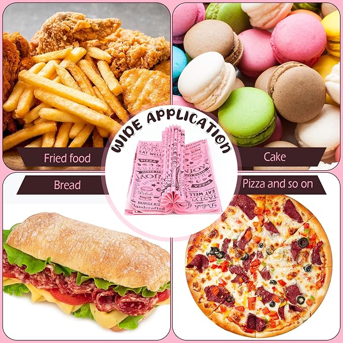 Marspark 200 Pcs Deli Wax Paper Sheets 12 x 12 Inches Square Grease Resistant Tray Basket Liners Hot Dog Wrappers Newsprint Water and Grease Proof Sandwich Wrapping Paper for Food Baking (Pink Black)