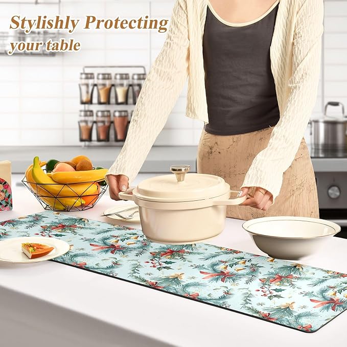 Red Bow Christmas Holly Trivet Table Runner Heat Resistant 230F for Hot Dishes Pots Plates Kitchen Dining Table Protector Decorative 39.37 X 11.8 Inch
