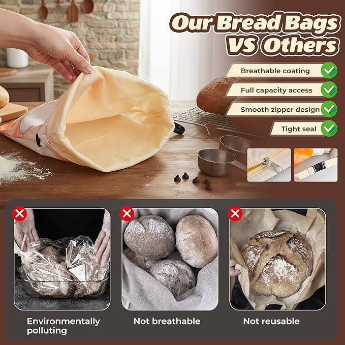Beeswax Bread Bags for Sourdough and Homemade Bread - 2 Pack XL Cotton Storage Bags with Zipper & Buckle Double Seal - Includes 13x13.9" Beeswax Wrap for Bowl Cover - Reusable Produce Veggie Bag