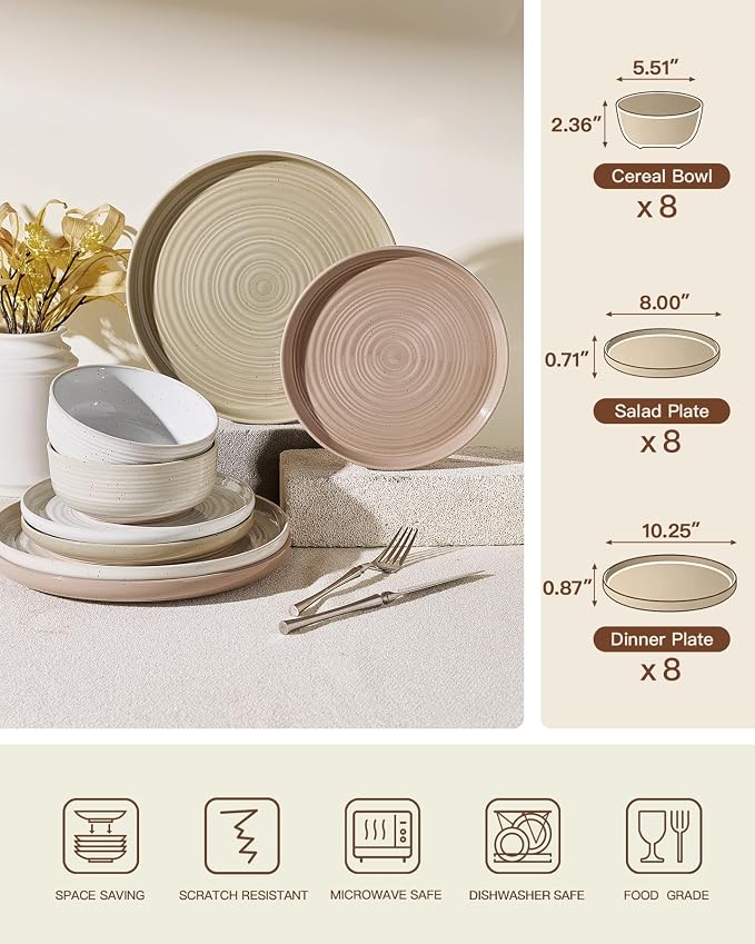 24-Piece Stoneware Dinnerware Sets for 8 - Farmhouse Coupe Plates and Bowls with Speckles & Spirals - Chip & Scratch Resistant, Microwave & Dishwasher Safe - Gift Box, Multicolor