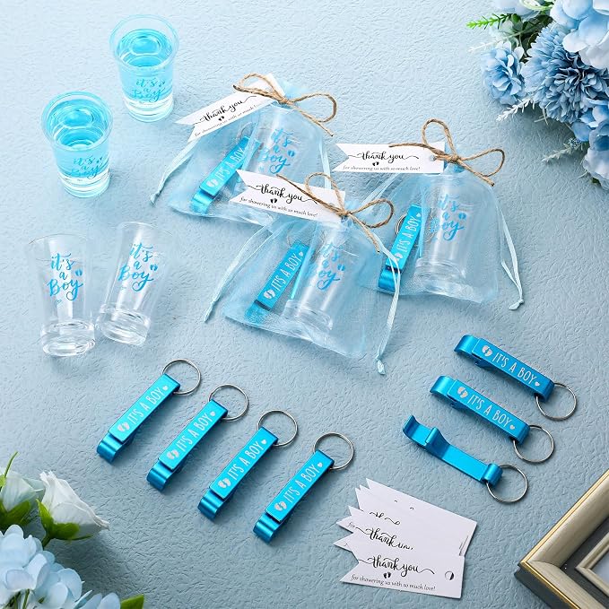 50 Sets Baby Shower Favor for Guests Acrylic Shot Glasses with Bottle Opener Keychains Thank You Tags and Bags Gender Reveal Party Favors for Guest Baby Shower Return Gift(Boy)