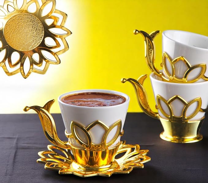 Alisveristime (Set of 6) Turkish Coffee Set with Porcelain Cups, Zamac Holders & Saucers – 80ml Capacity, Ottoman Motif, 4 Color Options (Gold)