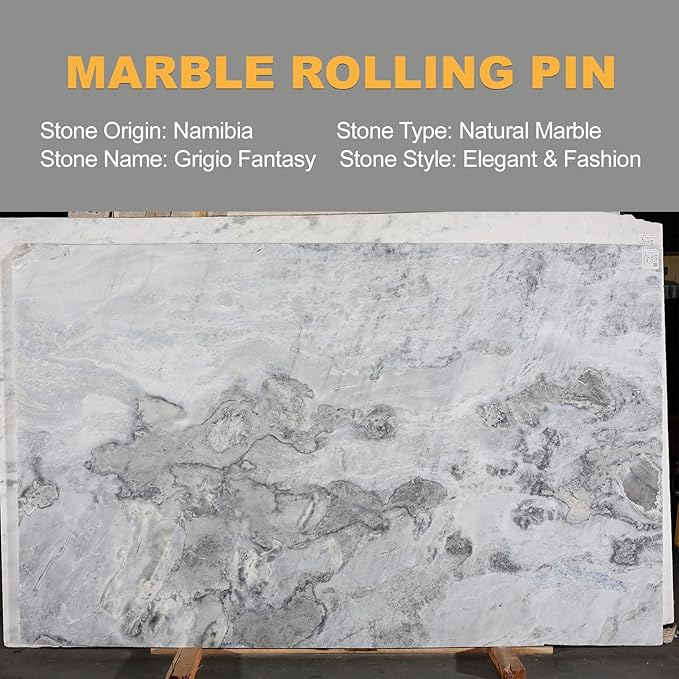 Koville African Natural Marble Rolling Pin, Non-Stick Polished Dough Roller, Pasta, Dumpling, Fondant, Pie Crust, Bread, Pizza Dough, Kitchen Baking Pastry Tools with Mat/Scraper(Grigio Fantasy)