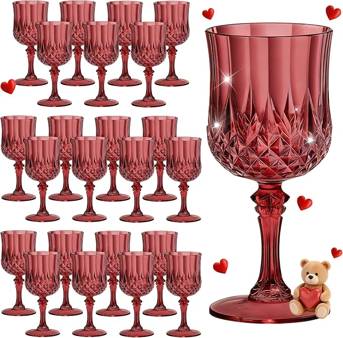7OZ Plastic Wine Glasses, Reusable Vintage Goblets Unbreakable Drinking Glasses Crystal Water Cups Champagne for Wedding, Parties (24, Burgundy)