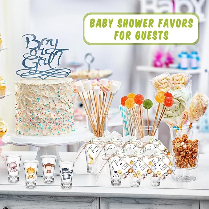 Pickmesh 25 Sets Safari Baby Shower Shot Glasses for Guests Include Animal Shot Glasses Thank You Cards Organza Bags for Jungle Woodland Gender Reveal Party Supplies