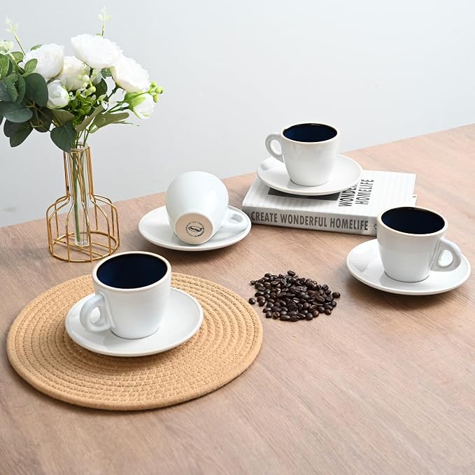 Bacimi® Espresso Cups and Saucers Set of 4 – 2.7oz Thick Barista Style Stoneware Cups - Blue Glaze Classic Italian Design - Ceramic Cups For Espresso, Macchiato, Doppio – Dishwasher & Microwave Safe
