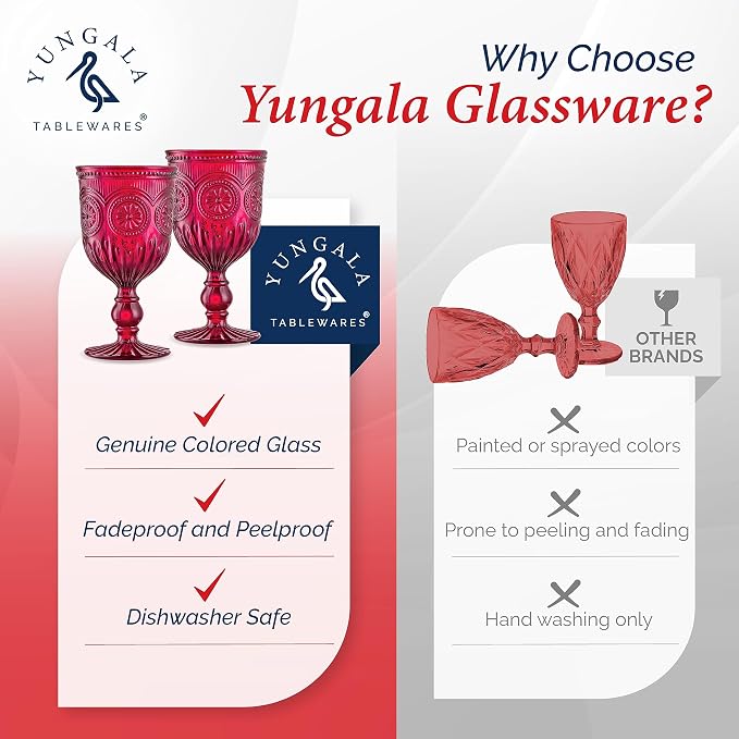 Red Goblets, Set of 6 Hand Crafted Red Colored Wine Glasses for lovers of red glassware, perfect for Valentines Day or Christmas Wine Glasses
