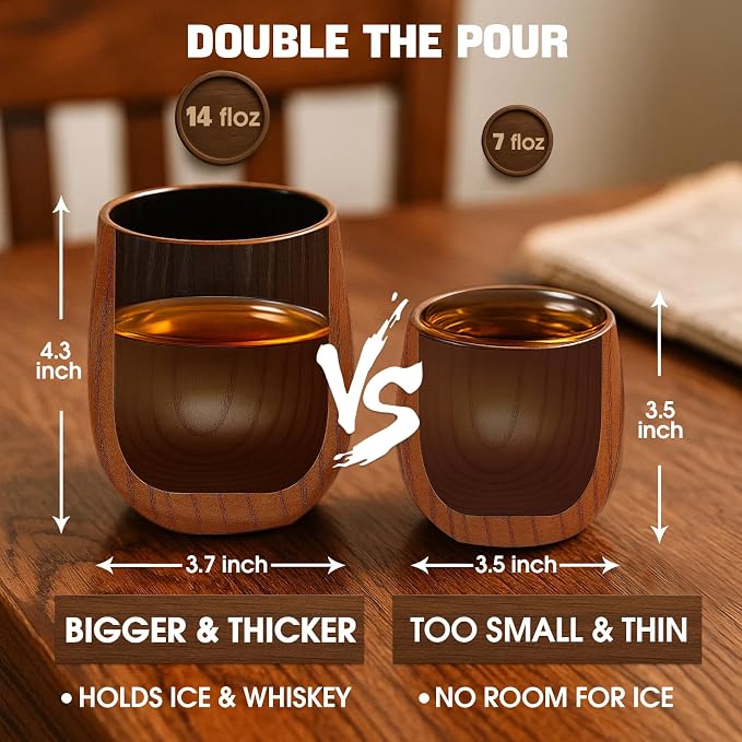 Bonteck Charred Wooden Bourbon Drinking Glass | Bourbon Gifts for Men | Large Old Fashioned Glass | 14 oz Wooden Whiskey Tumbler | Birthday Whiskey Gifts for Men, Dad or Brother (2 Pack)
