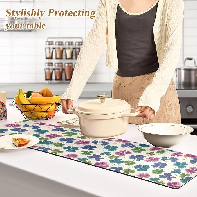 2-in-1 Table Runner Trivet for Hot Dishes Heat Resistant Hot Plate Mat Pad 39x12 Inch Waterproof Table Protector Trivets for Countertop Decorative Beige Clover Leaves