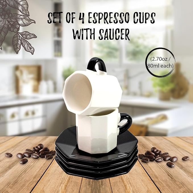 Bacimi® Mini Ceramic Espresso Cups with Saucer - Set of 4/2.7oz / 80ML - Small Drinking Cups with Handle - Dishwasher & Microwave Safe - Modern Italian Inspired Mugs for Coffee, Cocoa