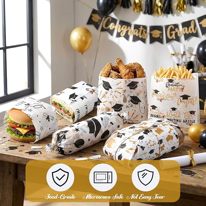 Reallnaive 300 Pcs Graduation Wax Paper Sheets 12 x 12 Inch Black and Gold Parchment Deli Tissue Paper Sandwich Wrapping Sheets Food Basket Liners for Kitchen Restaurant Baking Supplies, 6 Styles