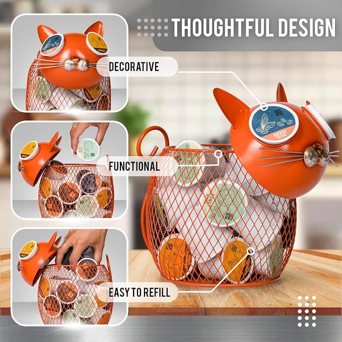 Made Easy Kit Cat Coffee Pod Holder Basket – Metal K-Cup Organizer for Countertop Coffee Bar – Cute Kitchen Décor Storage for Keurig Pods, Creamers & Capsules (Cat, Orange)
