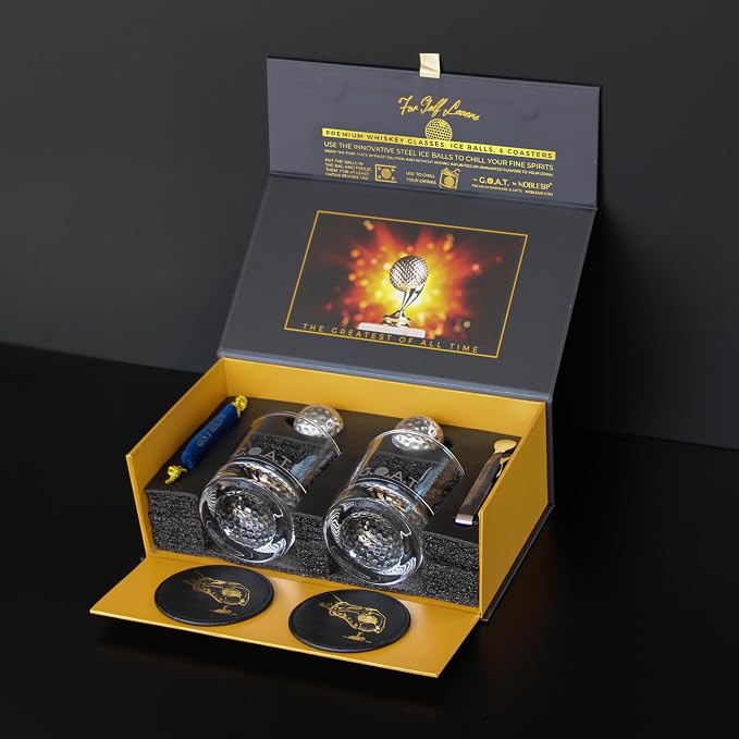 NobleSip® Whiskey GOLF Glasses 𝗣𝗥𝗘𝗠𝗜𝗨𝗠 Set: 2 Glasses, 2 Steel Chilling Balls, 2 Coasters. Best way for a player, fan to enjoy his Old Fashioned Cocktails. Golfer bourbon home bar gift