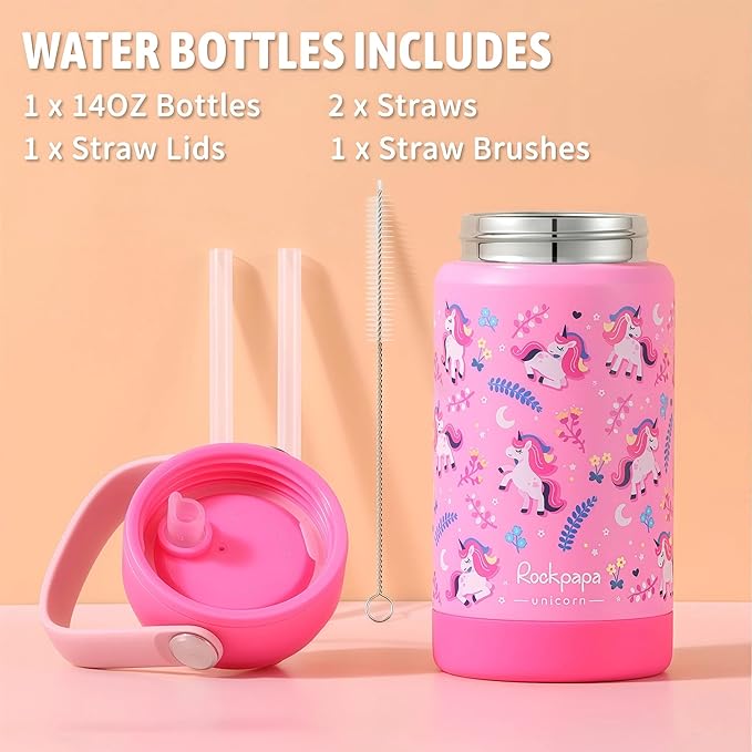 rockpapa Kids Lunch Box Set with 14oz Insulated Water Bottle & Lunch Bag, Leakproof 5.5 Cups Bento Box for School & Children, BPA-Free, Microwave Safe for Boys Girls (Pink Unicorn)