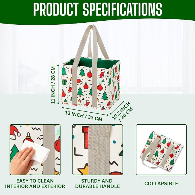 VENO 3 Pack Reusable Grocery Bags, Shopping Bags for Groceries, Tote with Handles and Hard Bottom, Foldable Shopping Cart Organizer, Water Resistant, Heavy-Duty (Jingle Mix, 6 Gallon)