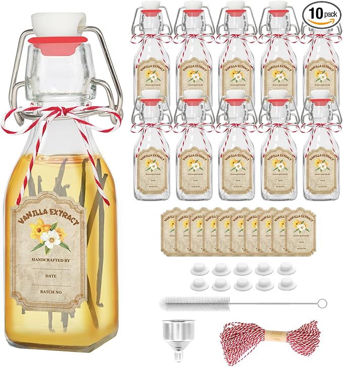 10 Pack Swing Top Glass Vanilla Extract Bottles 4 oz with Lids, Vanilla Labels & Funnel, Boston Square Bottles for Homemade Syrup, DIY Gifts, Flip Top Jars for Extract