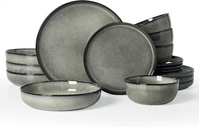 Famiware Milkyway Stoneware Dinnerware Set, 16-Piece, Including Pasta Bowl, Double Reactive Glaze, Plates and Bowls, Service for 4, Microwave and Dishwasher Safe, Scratch-Resistant, Greenish Brown