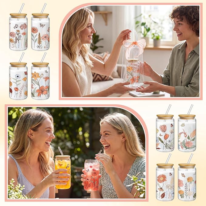 Mumufy 8 Sets Vintage Flower Glass Cups with Clear Gift Bag 16 oz Reusable Colorful Iced Coffee Mugs Aesthetic Cute Tumbler with Lids and Straws, Gifts for Girls Women Bridesmaid