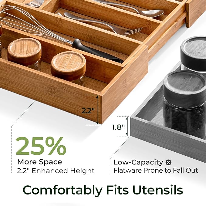 keechee 6-Piece Bamboo Drawer Organizer Set, 2.2" Deep Multi-Use Organizers for Utensils, Silverware, Cutlery, Desk, Bathroom, Junk Drawer & Makeup, Non-Slip Feet Included.
