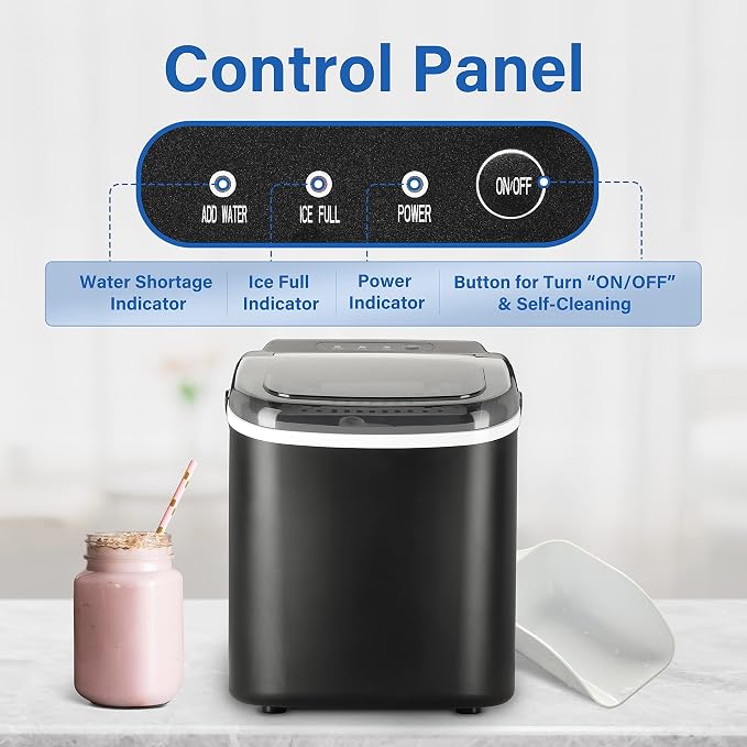HealSmart Portable Ice Maker for Countertop, 6 Mins 9 Ice Cubes, 26lbs Ice/24H, Self-Cleaning, with Ice Spoon and Basket, for Home/Kitchen/Office/Camping/Party, Black