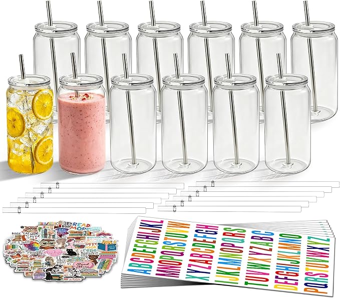 16 oz Clear Plastic Cups Reusable with Lids and Straws & DIY Sticker, 12Pack Acrylic Mason Jars Iced Coffee Drinking Glasses Cup for Park Picnic, Poolside, Party Giveaways