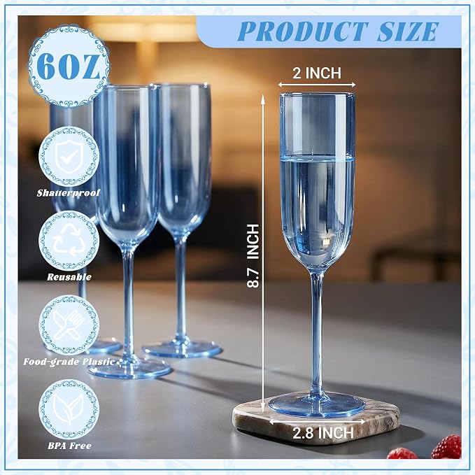 Plastic Champagne Flutes Set, 6oz Unbreakable Champagne Glasses Bulk, Shatterproof Reusable Mimosa Prosecco Sparkling Wine Cups for Wedding Party (Blue, 24pcs)