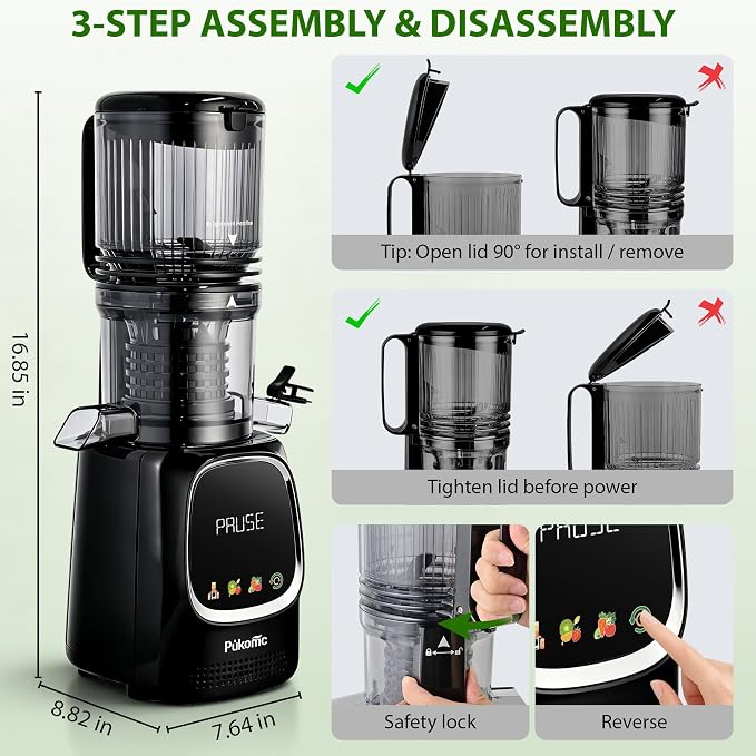 Pukomc Cold Press Juicer with Smart Display and Brushless Motor, 5.3'' Wide Mouth Feed Chute, 300W High Power Slow Masticating Juicer, Whole Vegetables & Fruits Juicing, Easy to Use and Clean